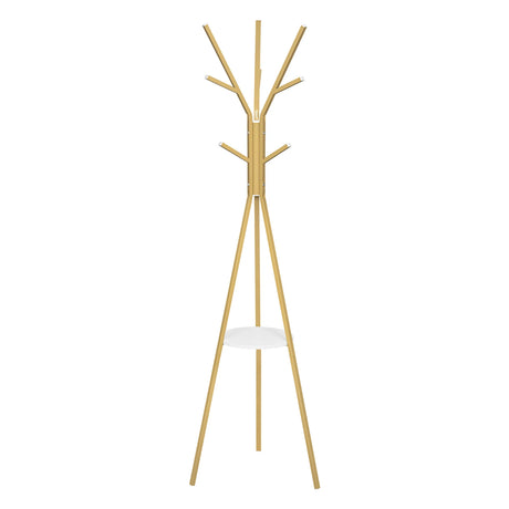 Moderne BukkitBow kledingrek met 9 haken en ronde houten legplank, ideaal voor entree of slaapkamer, zwart metalen frame.