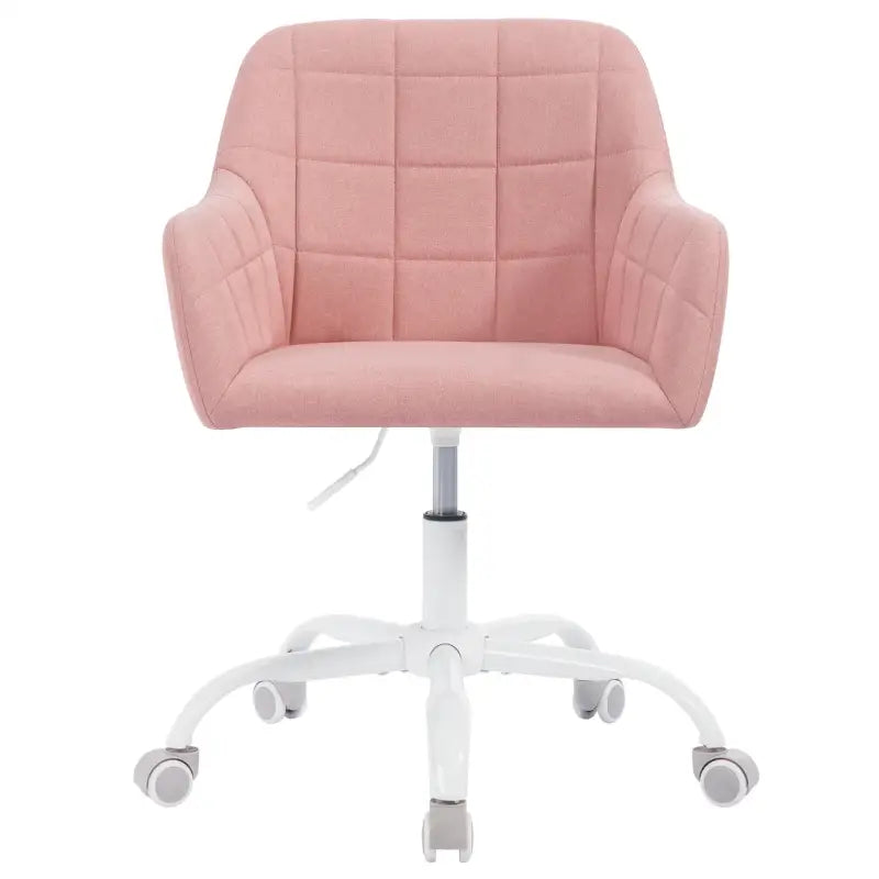 Moderne BukkitBow bureaustoel met linnen velvet, metalen frame, verstelbare hoogte en 360° draaibaar op wielen.
