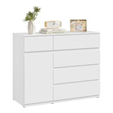 Moderne BukkitBow commode met 5 laden en opbergkast, verstelbare planken, zwart houten uitstraling, stijlvolle opbergmeubel