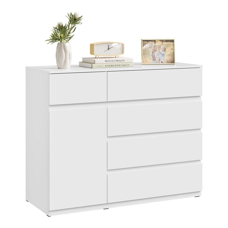 Moderne BukkitBow commode met 5 laden en opbergkast, verstelbare planken, zwart houten uitstraling, stijlvolle opbergmeubel