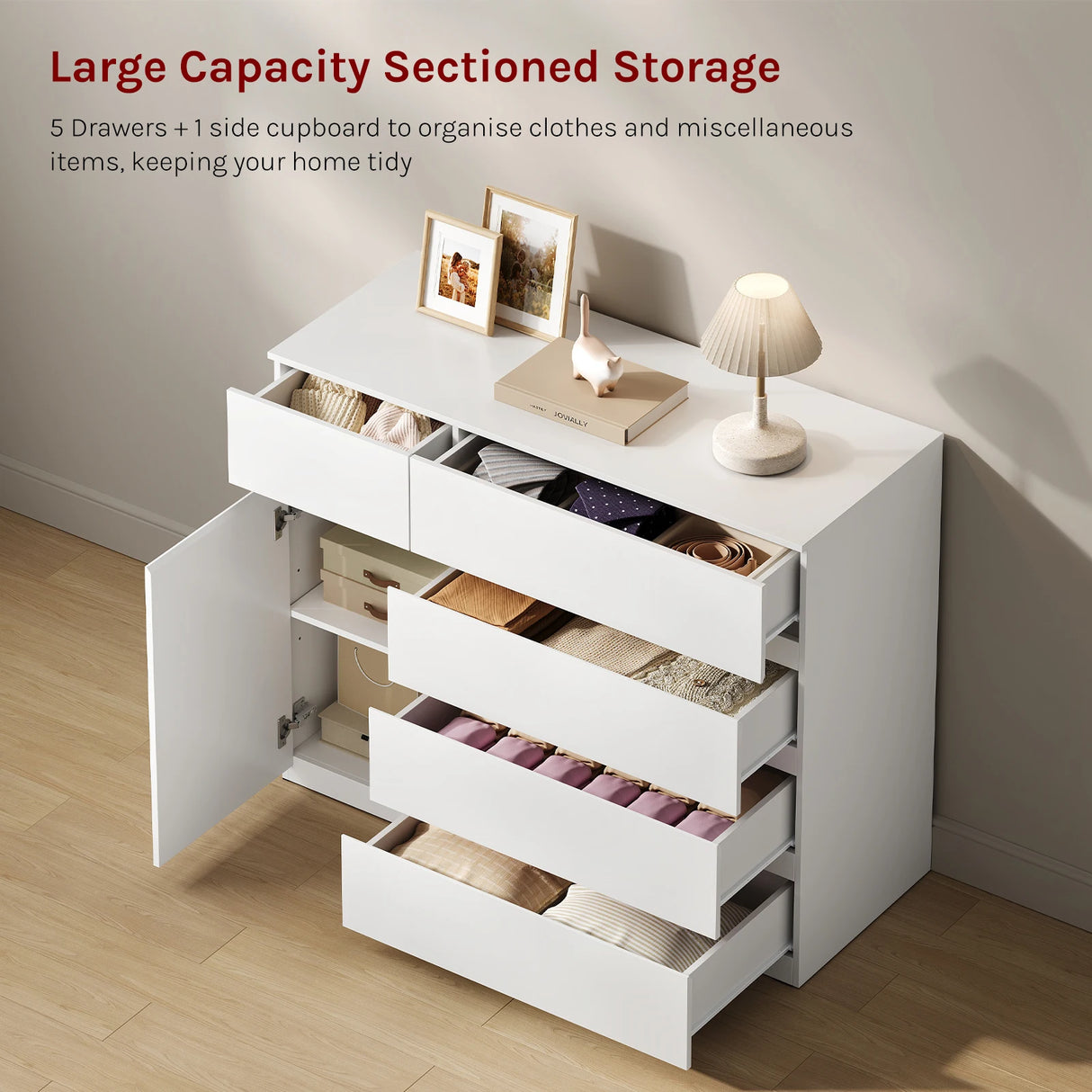 Moderne BukkitBow commode met 5 laden en opbergkast, verstelbare planken, strakke design en praktische opbergruimte.