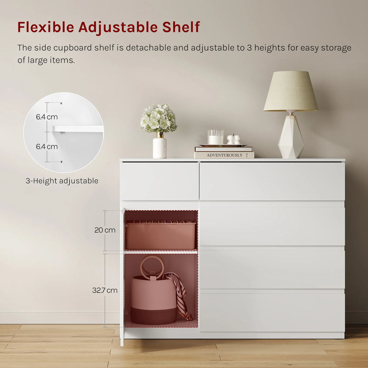 Moderne BukkitBow commode met 5 laden en opbergkast, verstelbare planken, strakke design en houten afwerking.