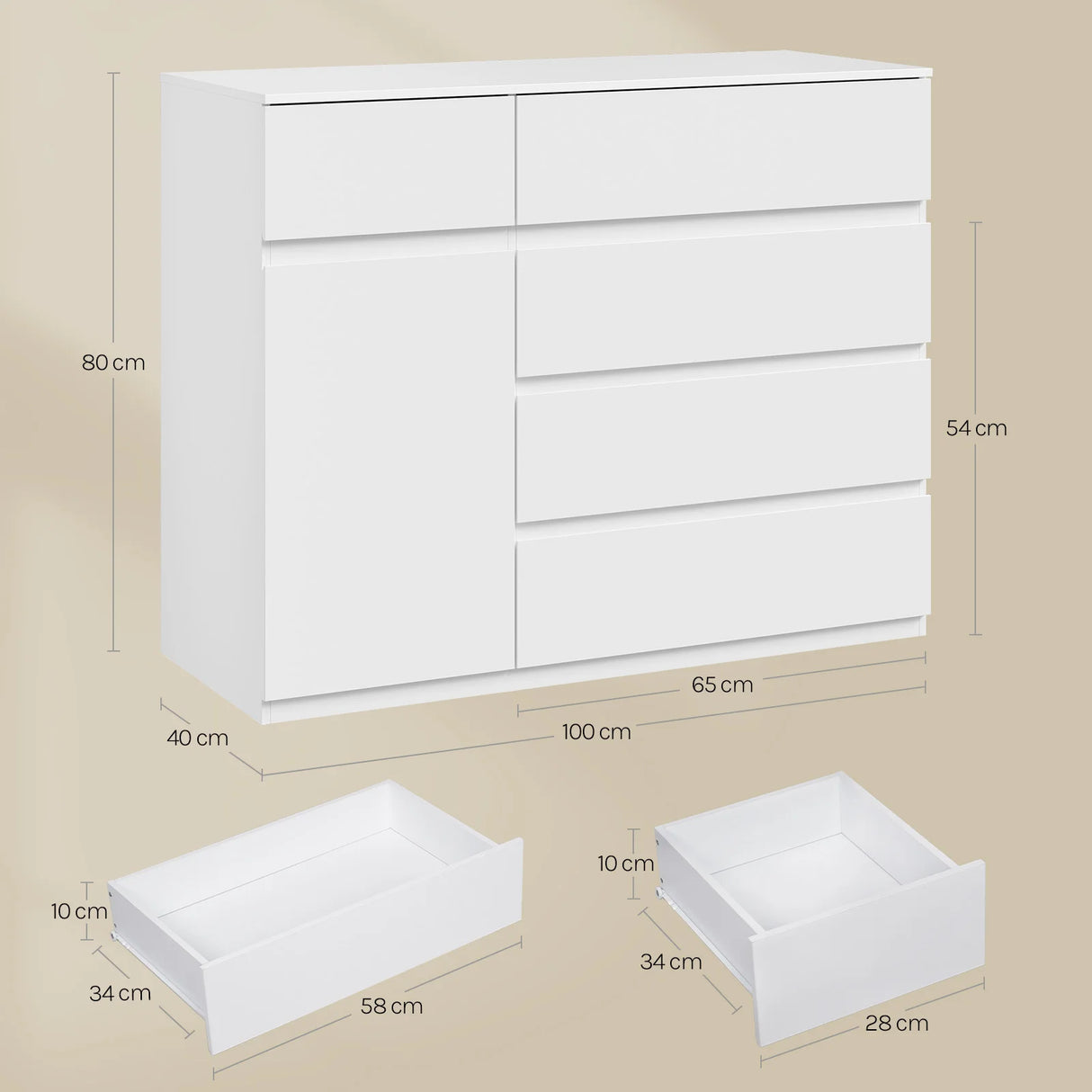Moderne BukkitBow commode met 5 laden en opbergkast, verstelbare planken, strakke houtlook en stijlvolle opbergoplossing.