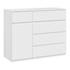 Moderne BukkitBow commode met 5 laden en opbergkast, verstelbare planken, strak design en praktische opbergoplossing.