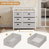 Moderne BukkitBow commode met 6 laden en aankleedblad, wit en grijs, strak design, geschikt voor slaapkamer of kinderkamer.