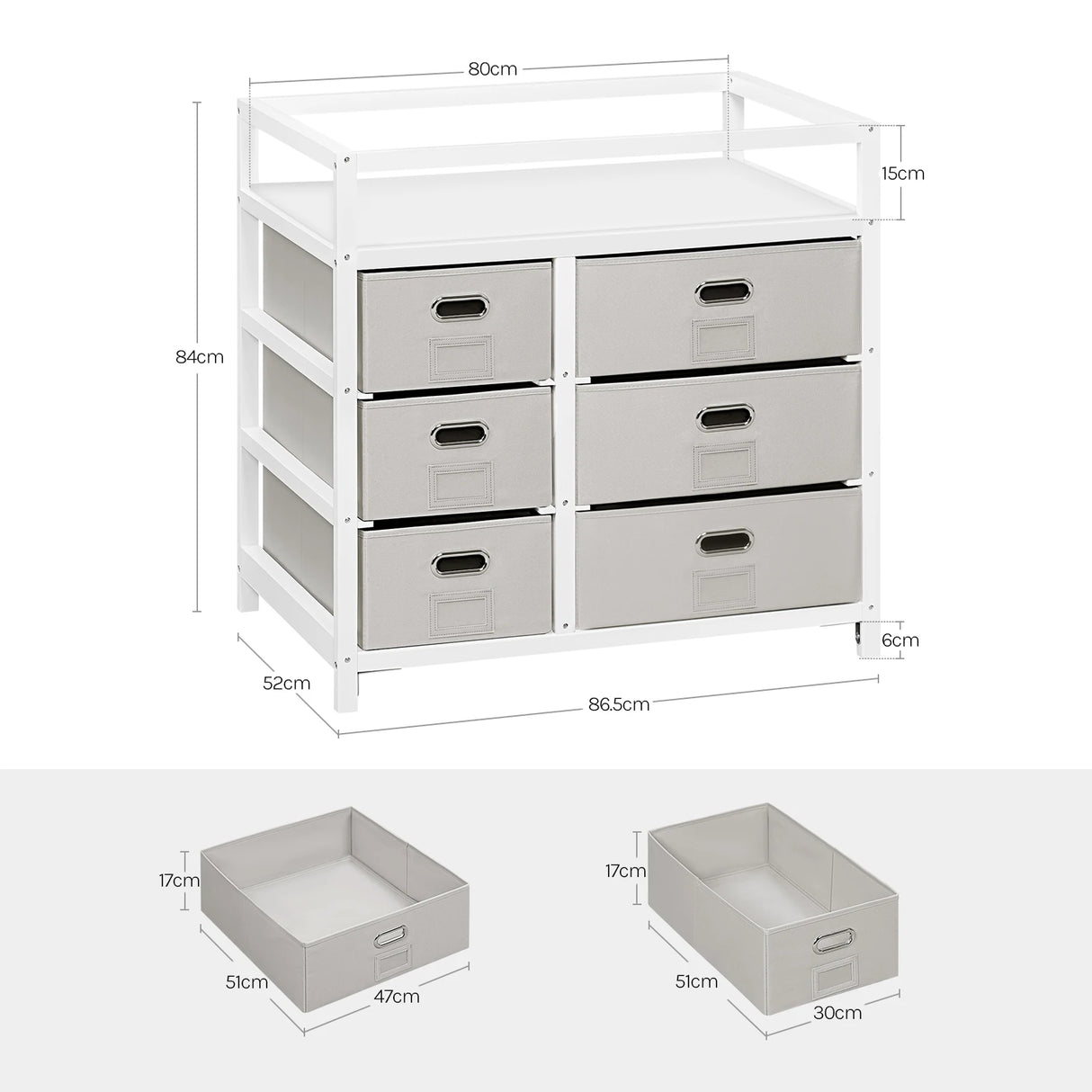 Moderne BukkitBow commode met 6 laden en aankleedblad in wit en grijs, geschikt voor slaapkamer of kinderkamer.