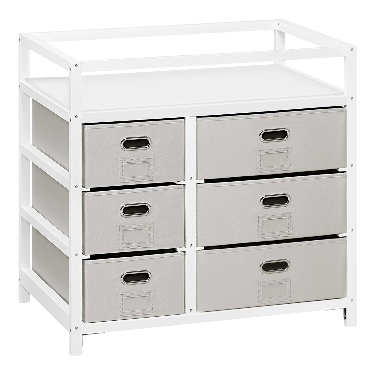 Moderne BukkitBow commode met 6 laden en aankleedblad in wit en grijs, zichtbaar van voren met handgrepen en glad oppervlak