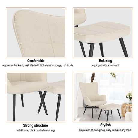 Moderne BukkitBow corduroy fauteuil met voetenbank, retro design en comfortabele zitruimte, in een stijlvolle woonkamer setting.