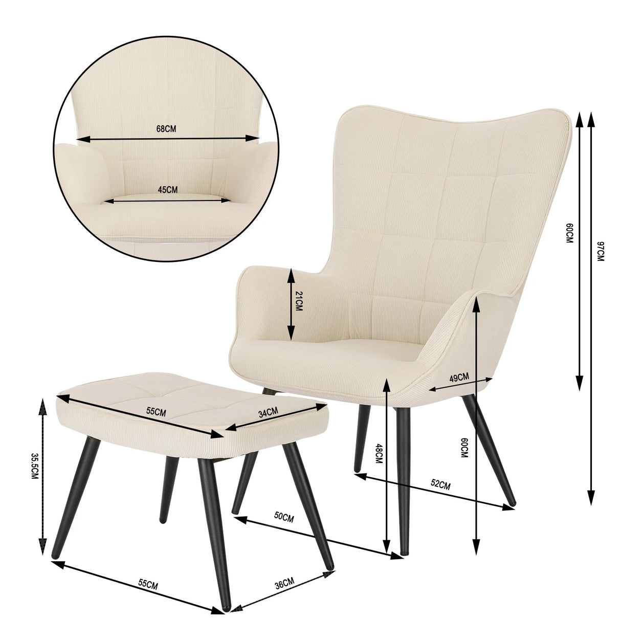 Moderne BukkitBow corduroy fauteuil met voetenbank, retro design, comfortabele zit en stijlvolle uitstraling in een woonruimte.