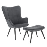 Moderne BukkitBow corduroy fauteuil met voetenbank in retro ontwerp, zachte bekleding en comfortabele zit.