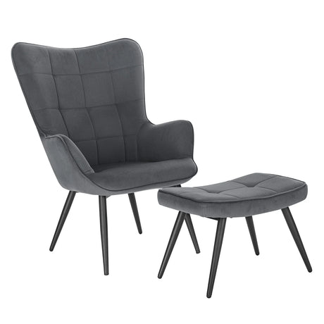 Moderne BukkitBow corduroy fauteuil met voetenbank in retro ontwerp, zachte bekleding en comfortabele zit.