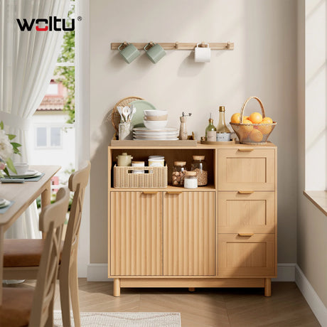 Moderne BukkitBow dressoir met 3 laden en verstelbare planken, strak ontwerp en stevig houten afwerking.