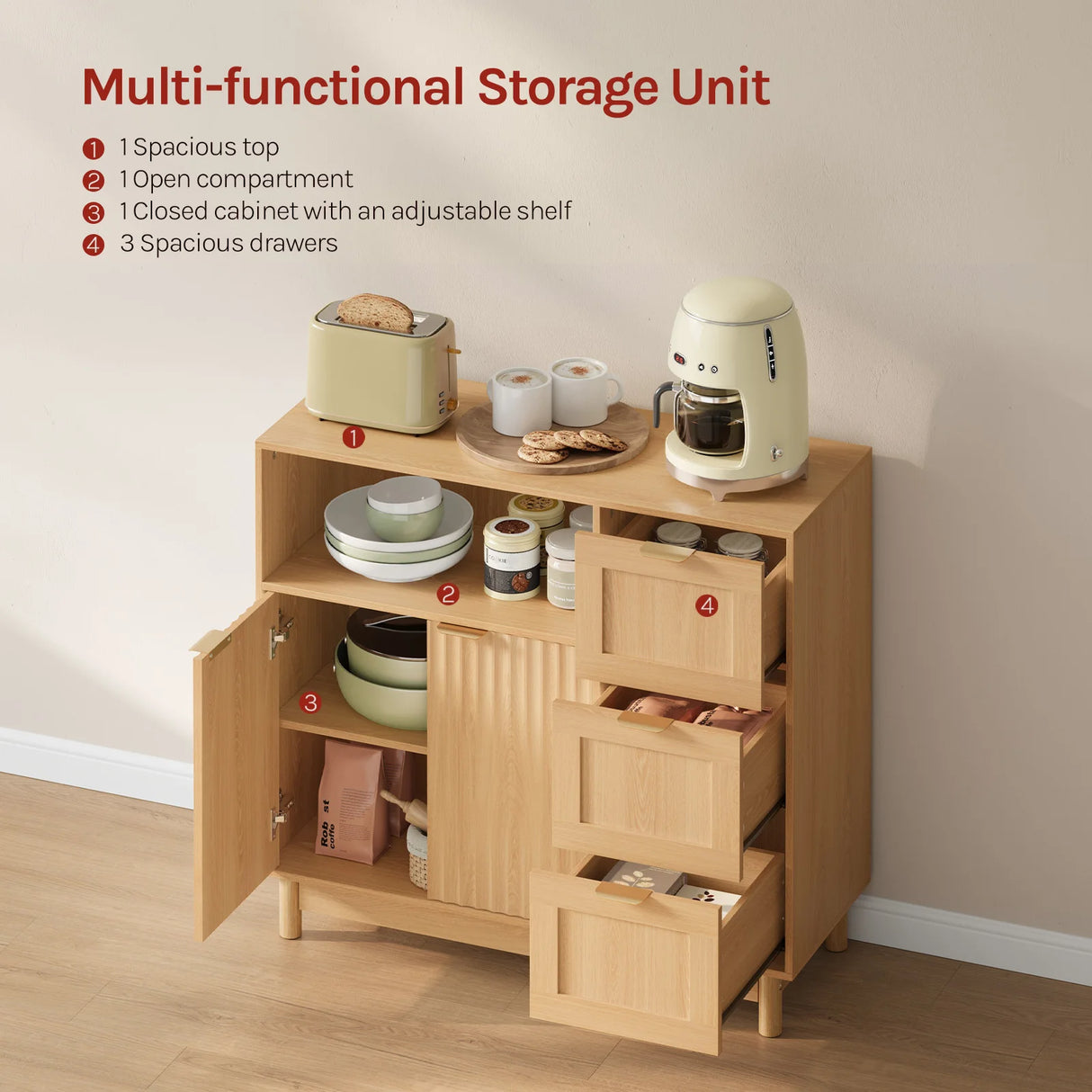 Moderne BukkitBow dressoir met 3 laden en verstelbare planken, zwart houtlook, strak design, geschikt voor woonkamer of eetkamer
