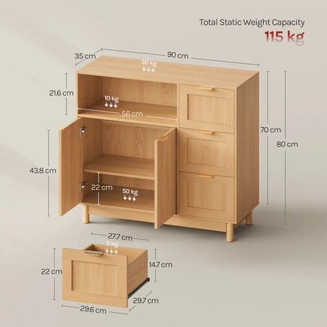 Moderne BukkitBow dressoir met 3 laden en verstelbare planken, strak design, geschikt voor woonkamer of eetkamer.