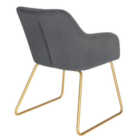 Moderne BukkitBow eetkamerstoel van fluweel met gouden metalen poten, comfortabel met een zithoogte van 48,5 cm.