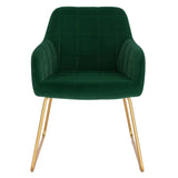 Moderne BukkitBow eetkamerstoel van fluweel met gouden metalen poten, comfortabele zithoogte van 48,5 cm en stijlvolle uitstraling.