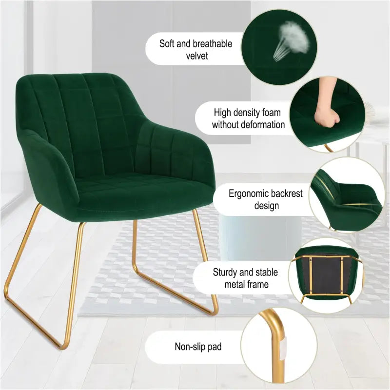Moderne BukkitBow eetkamerstoel van fluweel met gouden metalen poten en zithoogte van 48,5 cm, comfortabel en stijlvol.