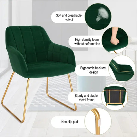 Moderne BukkitBow eetkamerstoel van fluweel met gouden metalen poten, comfortabele zithoogte van 48,5 cm en stijlvolle uitstraling.