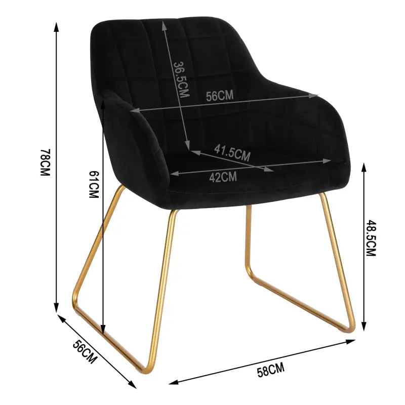 Moderne BukkitBow eetkamerstoel van fluweel met gouden metalen poten, comfortabele zithoogte van 48,5 cm, stijlvolle design.