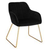 Moderne BukkitBow eetkamerstoel van fluweel met gouden metalen poten, comfortabele zithoogte van 48,5 cm.
