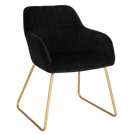 Moderne BukkitBow eetkamerstoel van fluweel met gouden metalen poten, comfortabele zithoogte en stijlvol design.