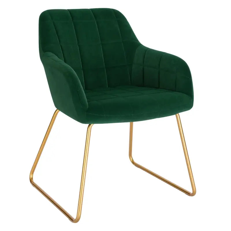 Moderne BukkitBow eetkamerstoel van fluweel met gouden metalen poten, comfortabele zithoogte van 48,5 cm, stijlvol en elegant.