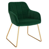 Moderne BukkitBow eetkamerstoel van fluweel met gouden metalen poten, comfortabele zithoogte van 48,5 cm, stijlvol en elegant.