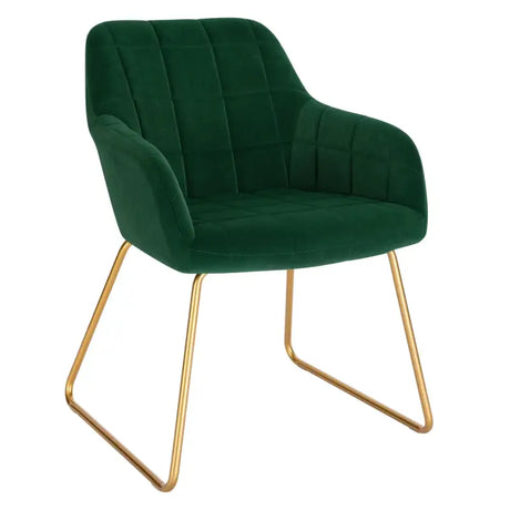 Moderne BukkitBow eetkamerstoel van fluweel met gouden metalen poten, stijlvolle en comfortabele zithoogte van 48,5 cm.