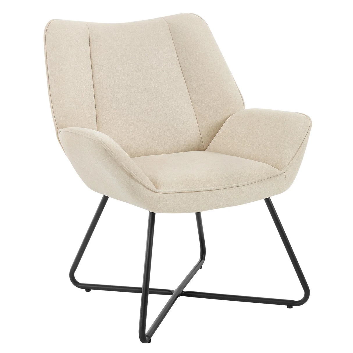 Moderne linnen fauteuil van BukkitBow met X-vormig onderstel, comfortabele zithouding en stijlvolle uitstraling.
