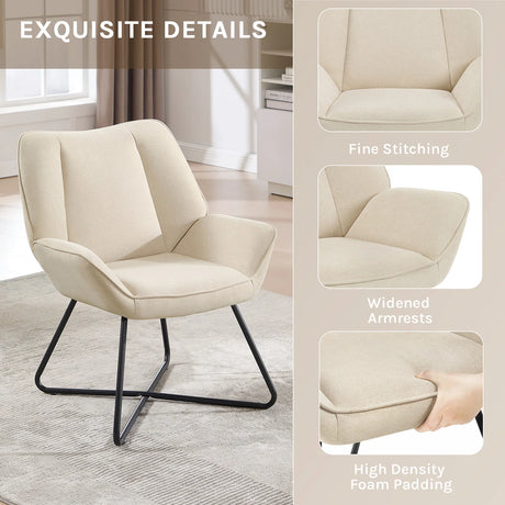 Moderne BukkitBow fauteuil van linnen met X-vormig onderstel, comfortabele zithouding en stijlvolle design.