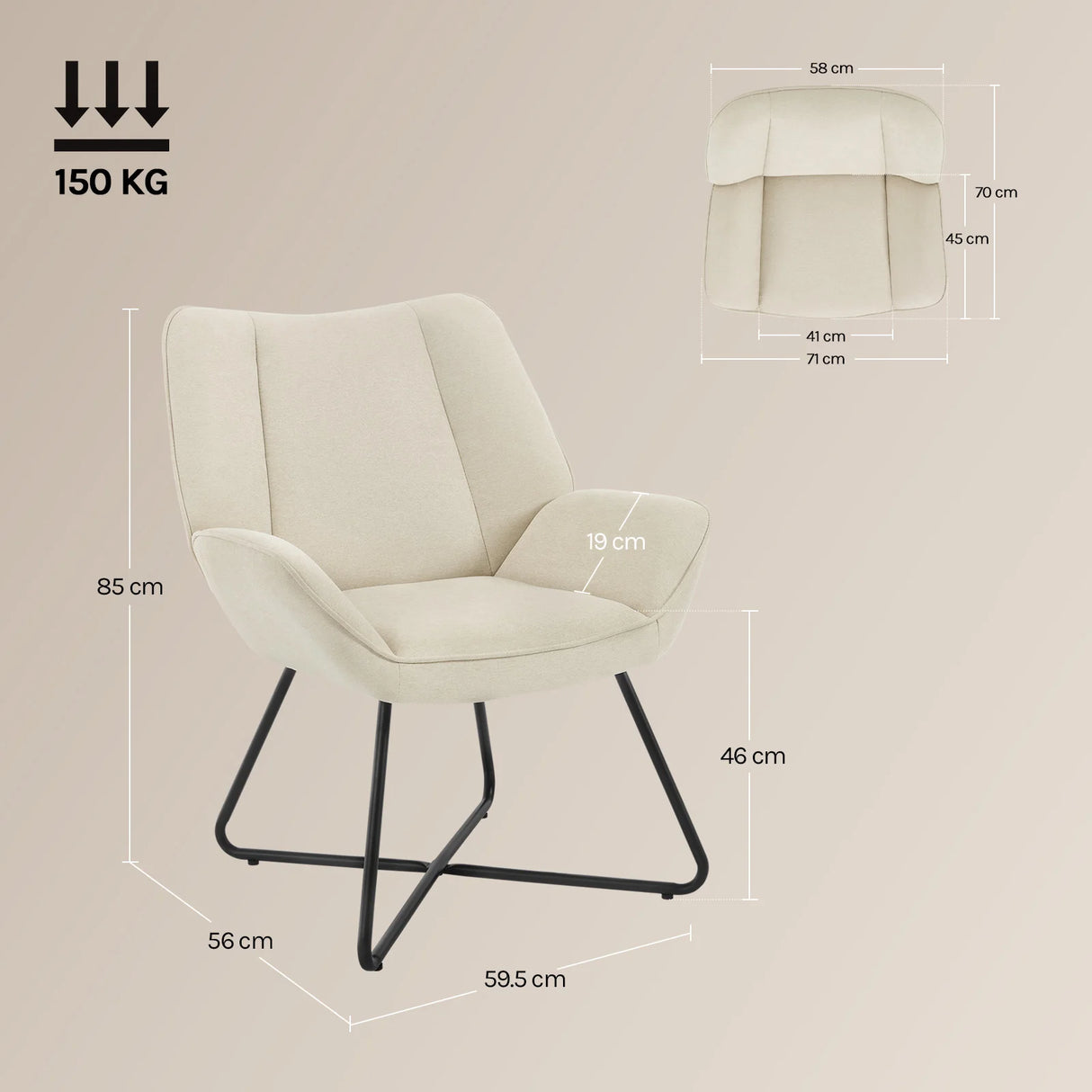 Moderne linnen fauteuil van BukkitBow met X-vormig onderstel, comfortabele zithouding en stijlvolle design.