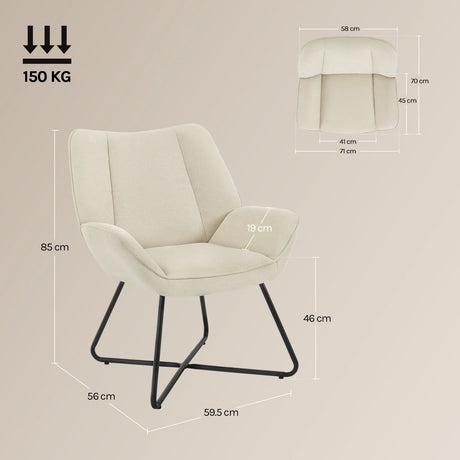 Moderne linnen fauteuil van BukkitBow met X-vormig onderstel, comfortabele zithouding en stijlvolle design.