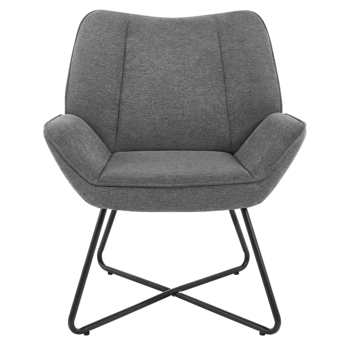 Moderne linnen fauteuil van BukkitBow met X-vormig onderstel, comfortabele zithouding en stijlvolle uitstraling.