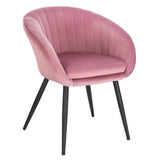 Moderne BukkitBow fluwelen eetkamerstoel met metalen poten, ergonomisch design en zithoogte van 50 cm.