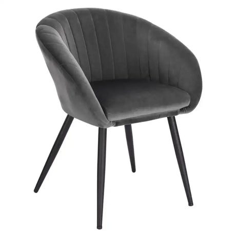 Moderne BukkitBow fluwelen eetkamerstoel met metalen poten, ergonomisch design en zithoogte van 50 cm.