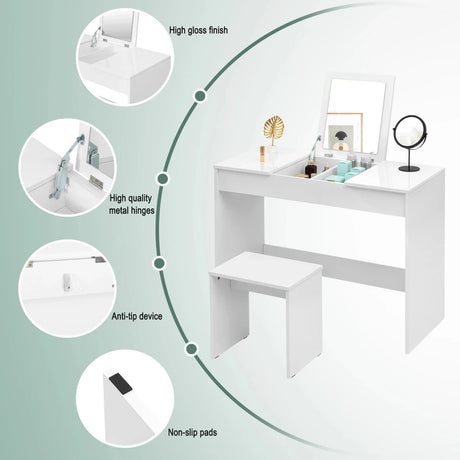 Moderne BukkitBow kaptafel met inklapbare spiegel en bijpassende kruk, elegante witte meubel voor slaapkamer of kleedkamer