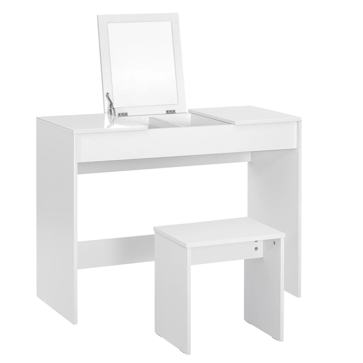 Moderne BukkitBow kaptafel met inklapbare spiegel en bijpassende kruk, compact design voor een stijlvolle slaapkamer of kleedkamer.