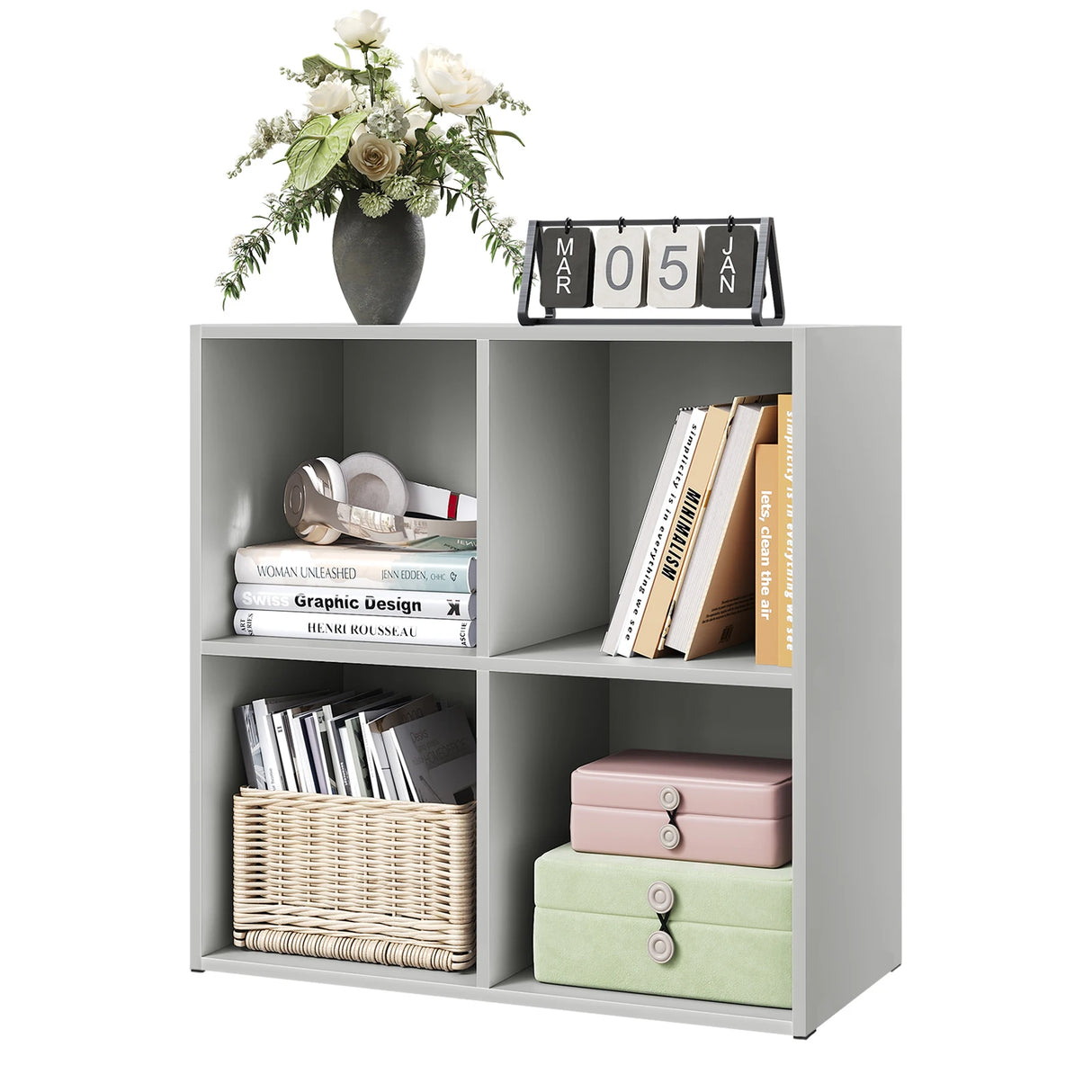 Moderne BukkitBow kubus boekenkast met open vakken, dient als roomdivider en stijlvolle opberger in een interieur.