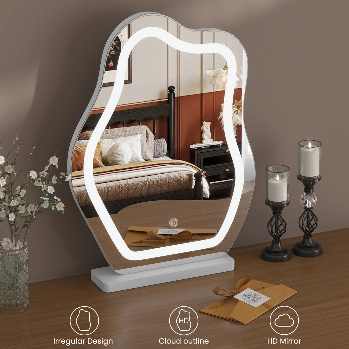 Moderne BukkitBow make-up spiegel in wolkvorm met LED-verlichting, heldere reflectie en stijlvolle design voor make-up applicatie