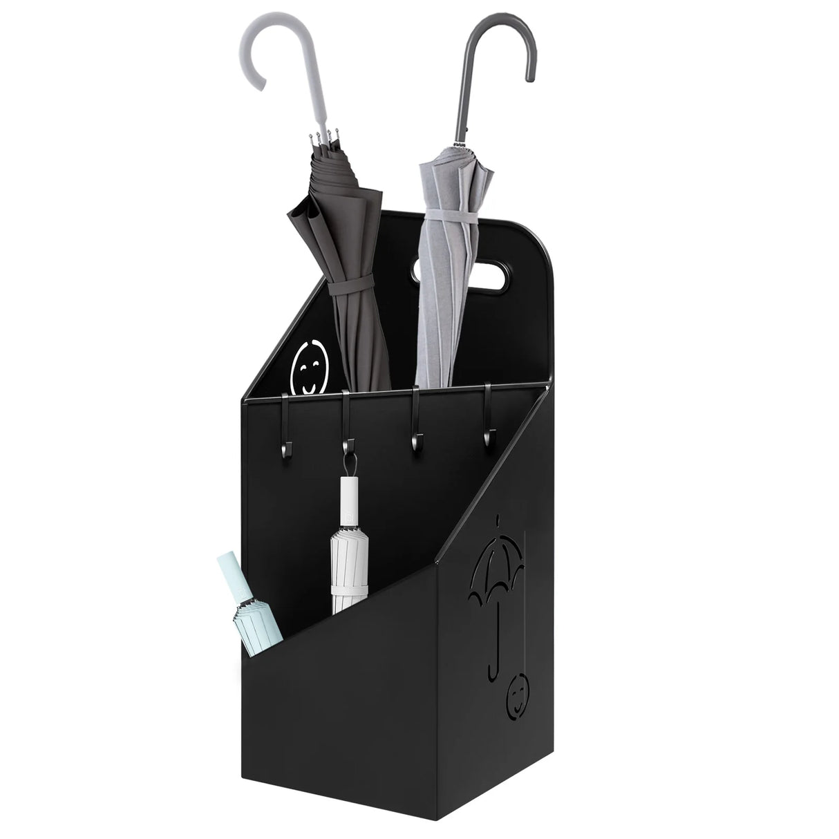 Moderne metalen paraplubak van BukkitBow met 2 vakken en handvat, ideaal voor het opbergen van paraplu's.