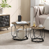 Set van 2 ronde bijzettafels van BukkitBow met metalen frame en houtlook voor in de woonkamer.