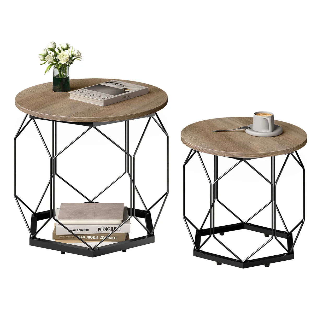 Set van 2 moderne ronde bijzettafels van BukkitBow met metalen en houtlook afwerking, stijlvol en functioneel voor woonkamer.