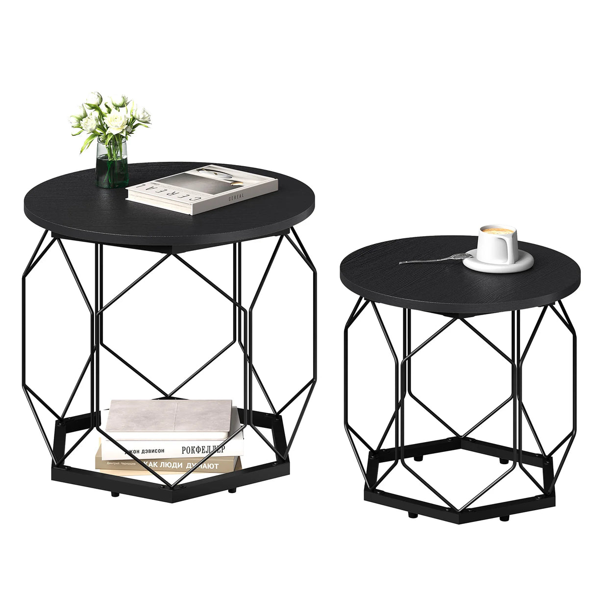Set van 2 moderne ronde bijzettafels van BukkitBow, met metalen frame en houtlook afwerking, geschikt voor woonkamer.