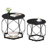 Set van 2 moderne ronde bijzettafels van BukkitBow, met metalen frame en houtlook afwerking, geschikt voor woonkamer.