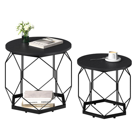 Set van 2 moderne ronde bijzettafels van BukkitBow met metalen onderstel en houten look, geschikt voor woonkamer of zithoek.