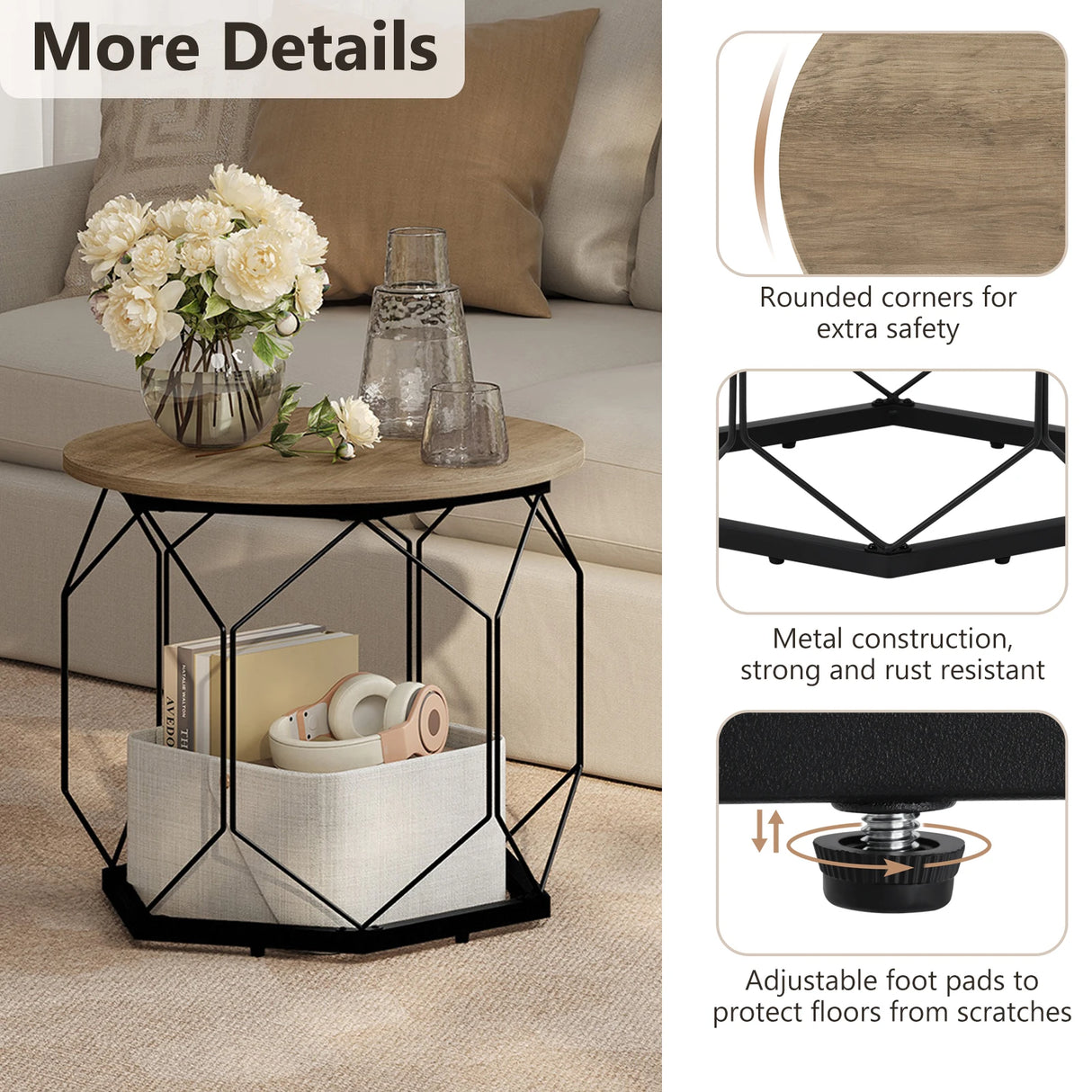 Set van twee moderne ronde bijzettafels van BukkitBow met metalen frame en houten uitstraling, geschikt voor woonkamer decor.
