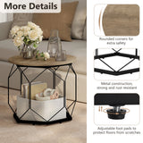 Set van twee moderne ronde bijzettafels van BukkitBow met metalen frame en houten uitstraling, geschikt voor woonkamer decor.