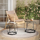 Set van twee moderne ronde bijzettafels van BukkitBow met metalen frame en houtlook, geschikt voor woonkamer decoratie.