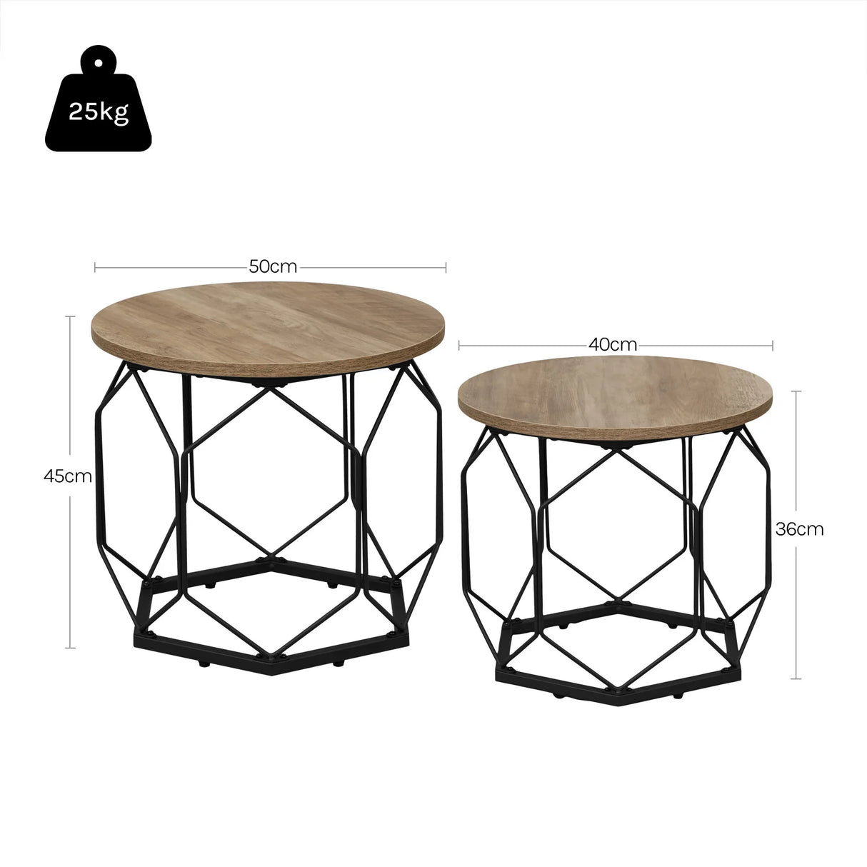 Set van twee moderne ronde salontafels van BukkitBow, met metalen onderstellen en houten uitstraling, voor stijlvolle woonkamers.