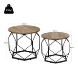 Set van twee moderne ronde salontafels van BukkitBow, met metalen onderstellen en houten uitstraling, voor stijlvolle woonkamers.